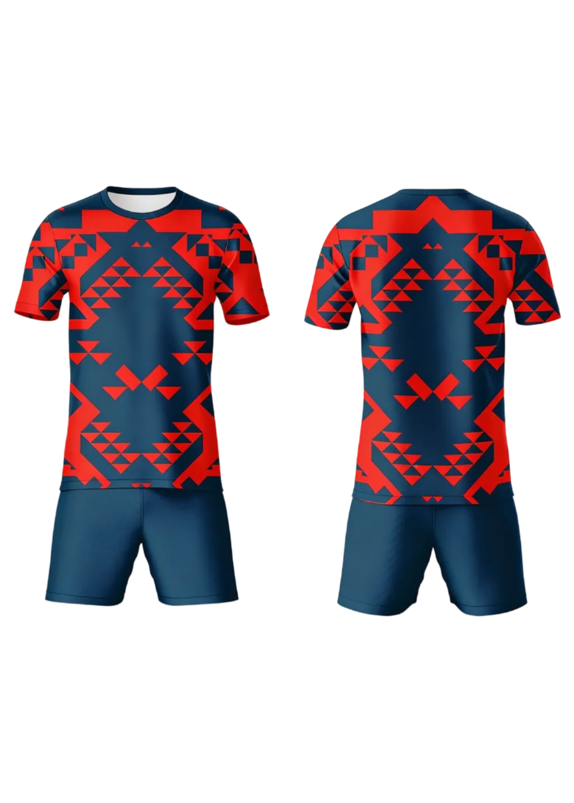 Red and blue geometric sports jersey with shorts for cricket and football teams custom uniform India
