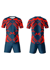 Red and blue geometric sports jersey with shorts for cricket and football teams custom uniform India
