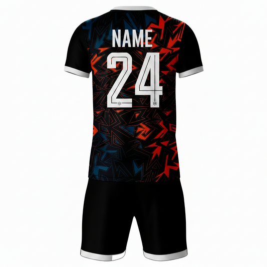 Red blue patterned athletic sports jersey with black shorts back side view