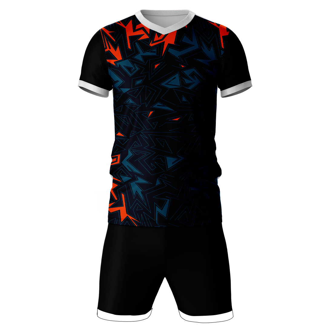 Red blue pattern sports jersey with black shorts front view for men