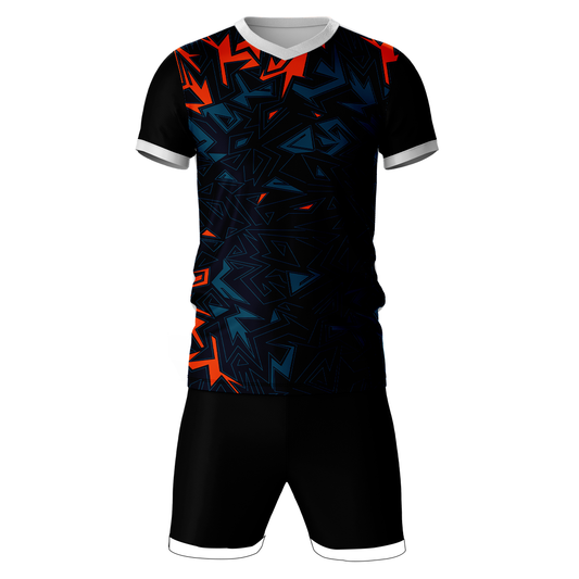 Red blue pattern sports jersey with black shorts front view for men