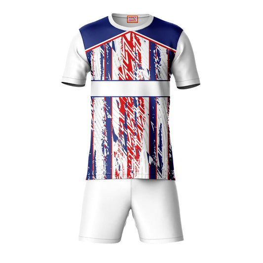 Red blue patterned sports t-shirt with white shorts co-ord set front view