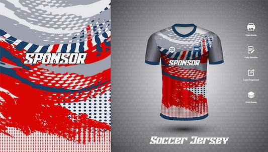 a red and blue soccer jersey with the word  soccer  on it