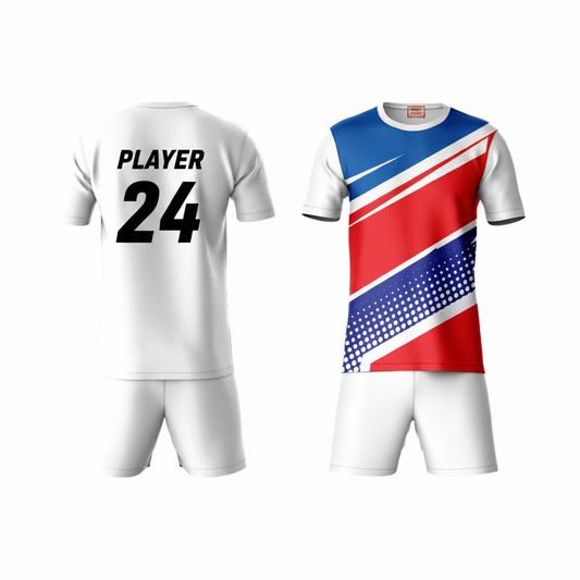 Red blue activewear t-shirt with white shorts back view