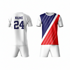 Red blue sports t-shirt with white shorts back view for men