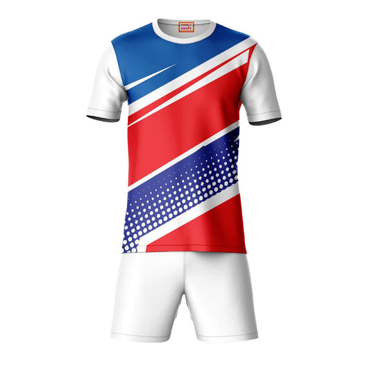 Red blue sports t-shirt with white shorts co-ord set front view