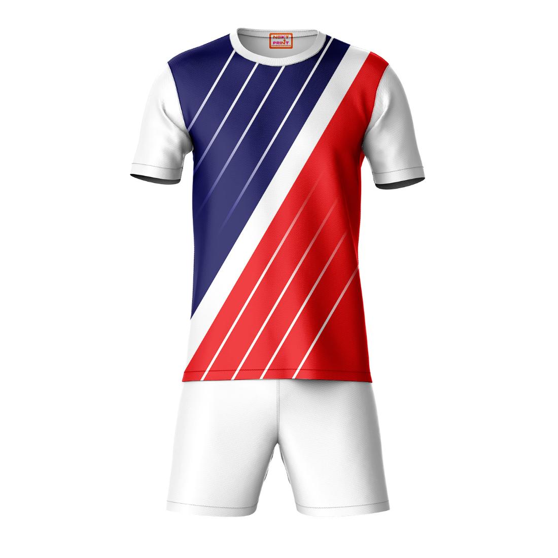 Red blue sports t-shirt with white shorts coord set front view for men