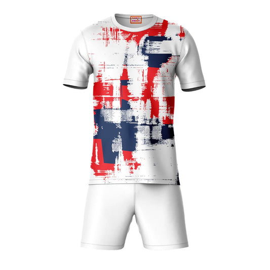 Red blue sports t-shirt with white shorts coord set front view for men