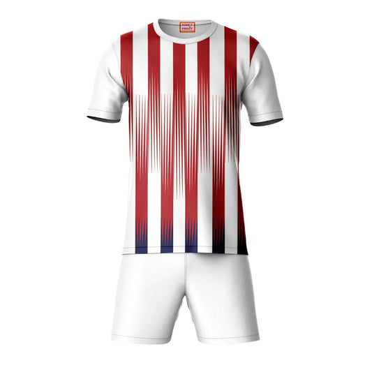 Red blue vertical stripes sports t-shirt with white shorts coord set front view for men
