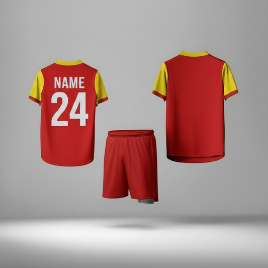 Red classic sports jersey with matching shorts back view