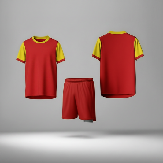 Red classic sports jersey with matching shorts front view