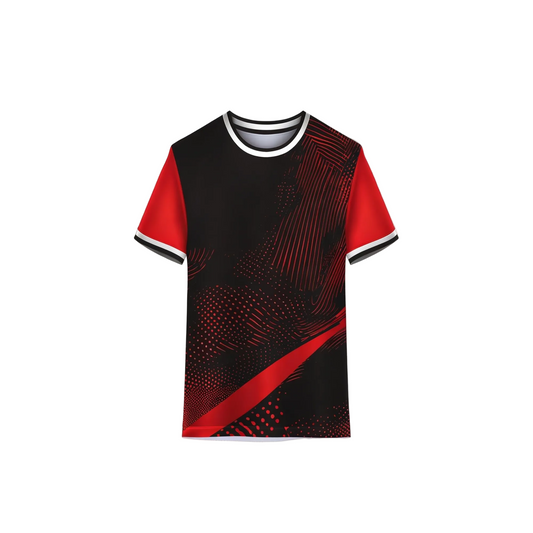 Red custom sports jersey with personalized name and number printing by NextPrint India