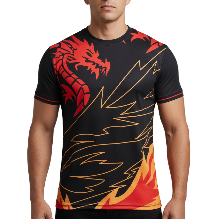 Next Print red dragon shirt with flames on the front
