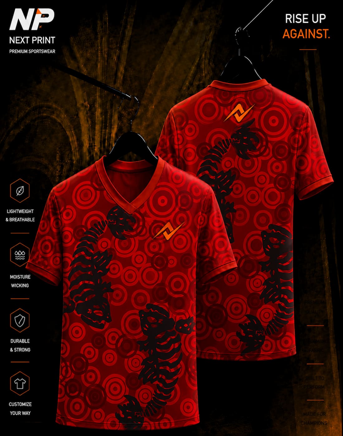 Red dragon skeleton pattern sublimation V-neck sports jersey front and back by Next Print