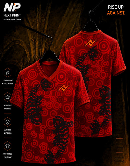Red dragon skeleton pattern sublimation V-neck sports jersey front and back by Next Print