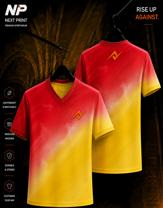 Red and golden gradient custom esports jersey with premium sublimation print and NextPrint logo.