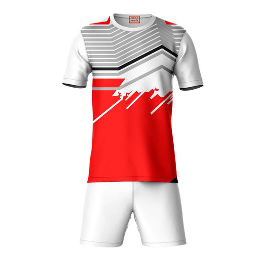 Red grey geometric sports t-shirt with white shorts coord set front view for men