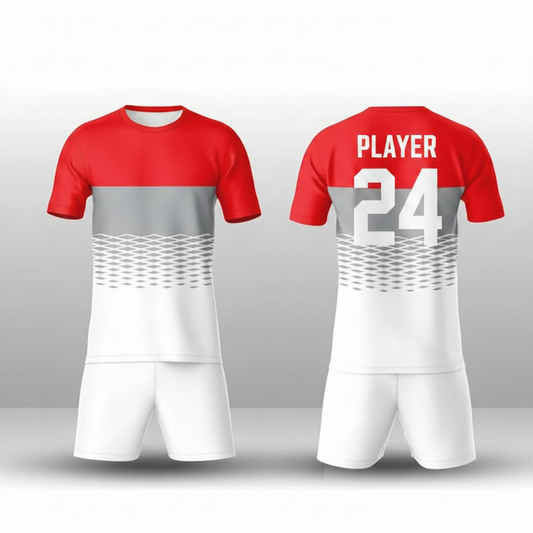 Red horizon sports jersey with white shorts back view