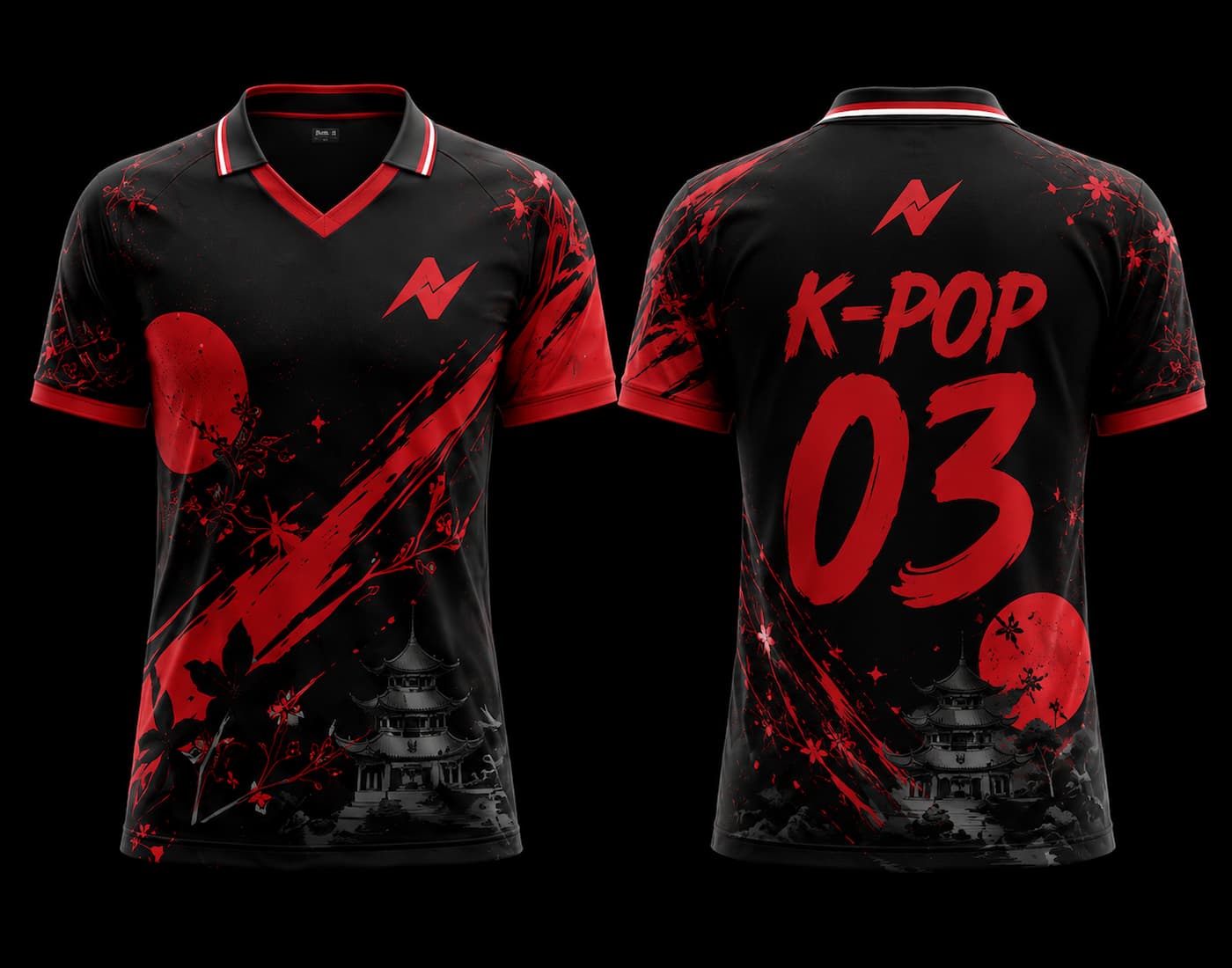 Front and back view of a black and crimson red V-neck polo K-pop jersey featuring red moon artwork, cherry blossom graphics, pagoda illustration, and premium sublimation printing.