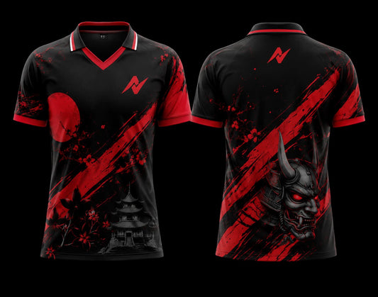 Front and back view of the Red Moon K-Pop V-Neck Polo Collar Jersey featuring black and red graphics with moon, cherry blossom, temple, and Oni-inspired artwork.