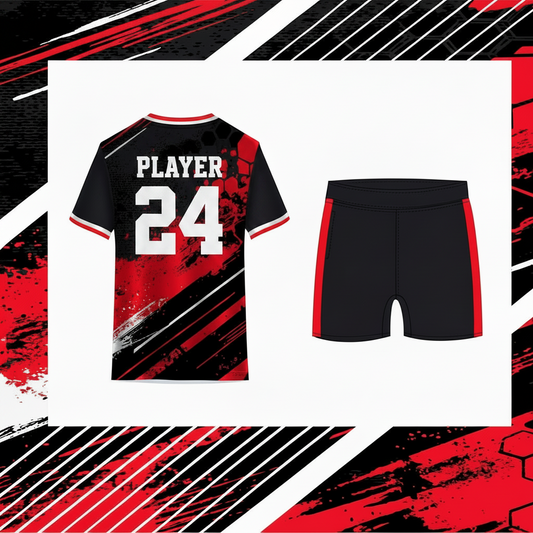 Red strike sports jersey with black shorts back view