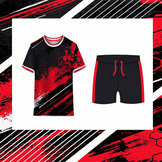 Red strike sports jersey with black shorts front view