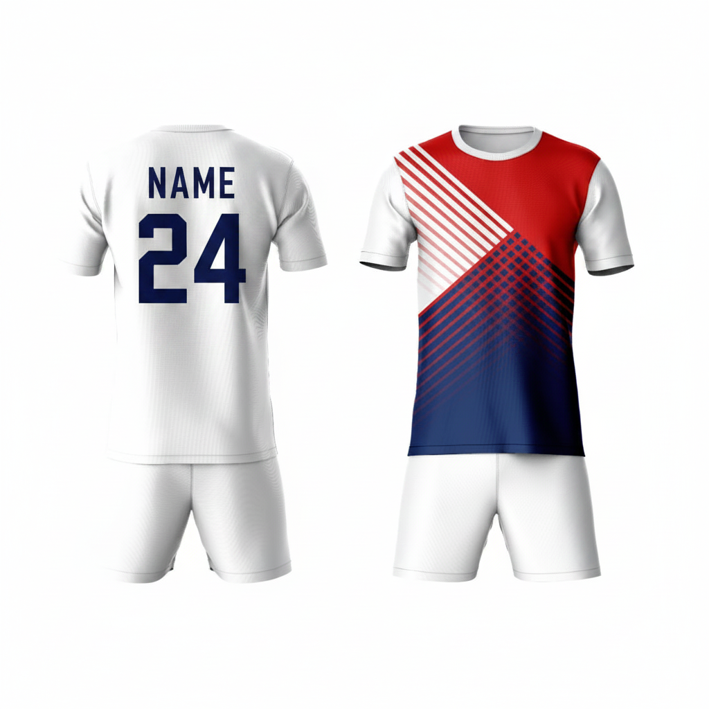 Red stripe blue white activewear t-shirt with white shorts back view