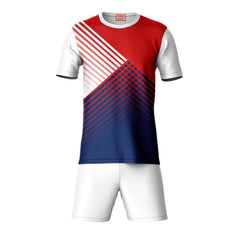 Red stripe blue white sports t-shirt with white shorts co-ord set front view