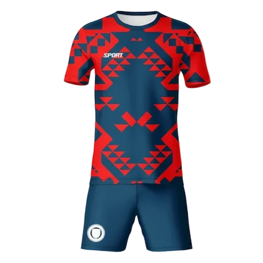 Red tribal sports jersey with navy shorts front view
