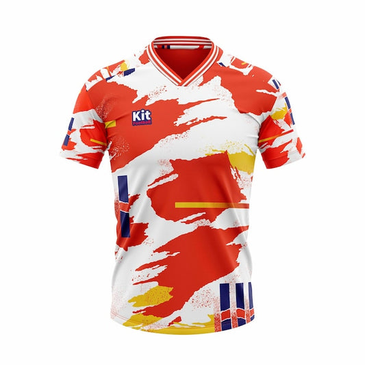 Red and white abstract print soccer jersey design with a retro vibe