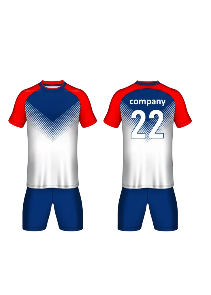 Red white and blue custom sports jersey with matching shorts front and back view for cricket football volleyball and team wear uniform design