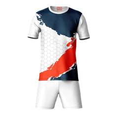 Red white blue geometric pattern sports t-shirt with white shorts co-ord set front view