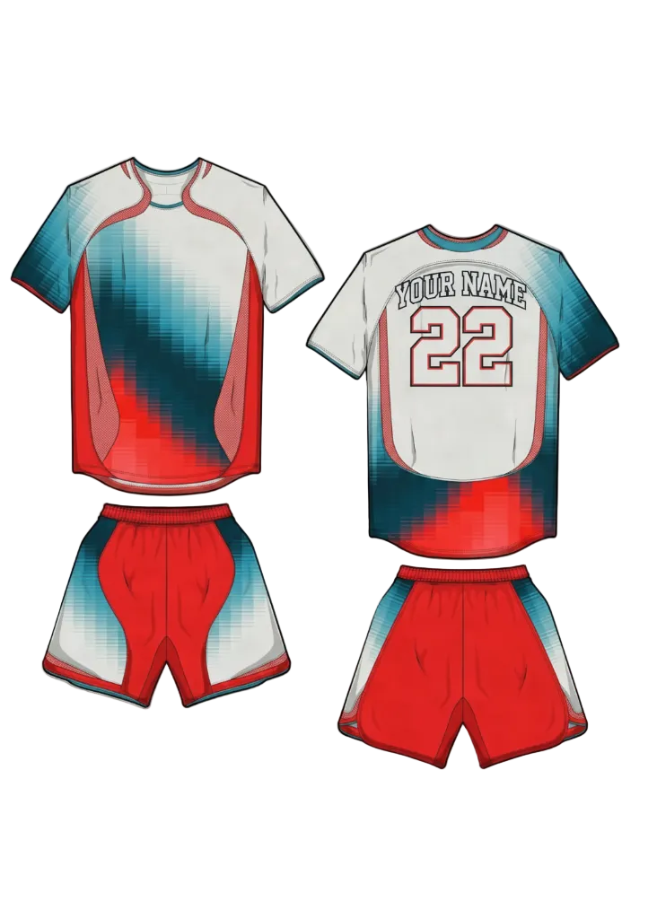 Red white and blue gradient sports jersey with matching shorts front and back view custom football cricket and training team uniform