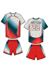 Red white and blue gradient sports jersey with matching shorts front and back view custom football cricket and training team uniform