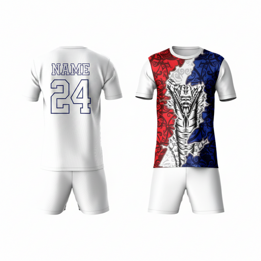 Red white blue graphic athletic sports t-shirt with white shorts back side view