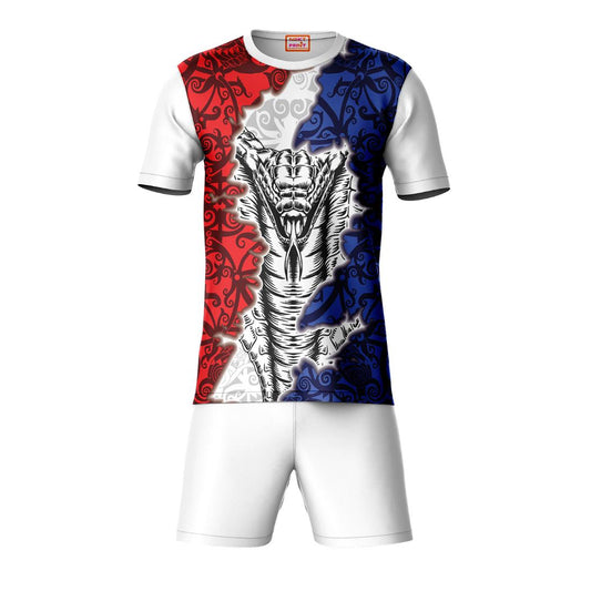 Red white blue graphic sports t-shirt with white shorts coord set front view for men