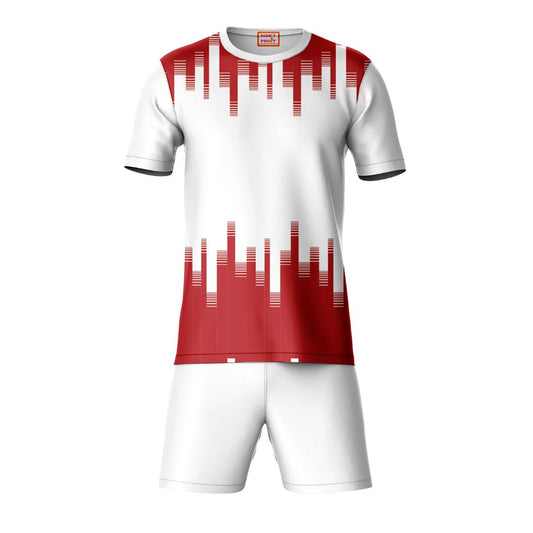 Red white geometric sports t-shirt with white shorts coord set front view for men