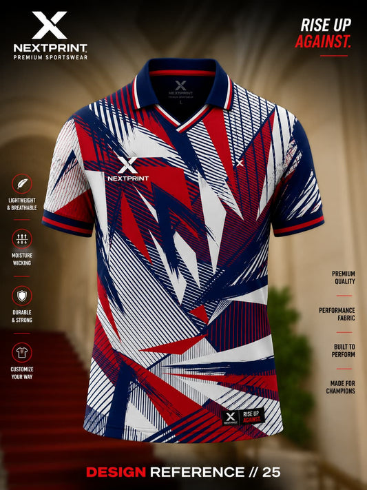 Red, white, and navy abstract V-neck cricket jersey featuring bold geometric brush-stroke graphics with premium performance fabric.