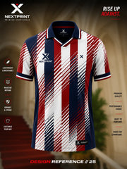 Red, white, and navy striped V-neck cricket jersey featuring dynamic brush-stroke graphics and premium performance fabric.