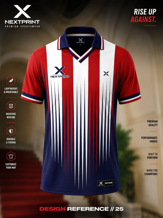 Red, white, and navy V-neck cricket jersey featuring bold vertical stripe graphics with premium performance fabric.