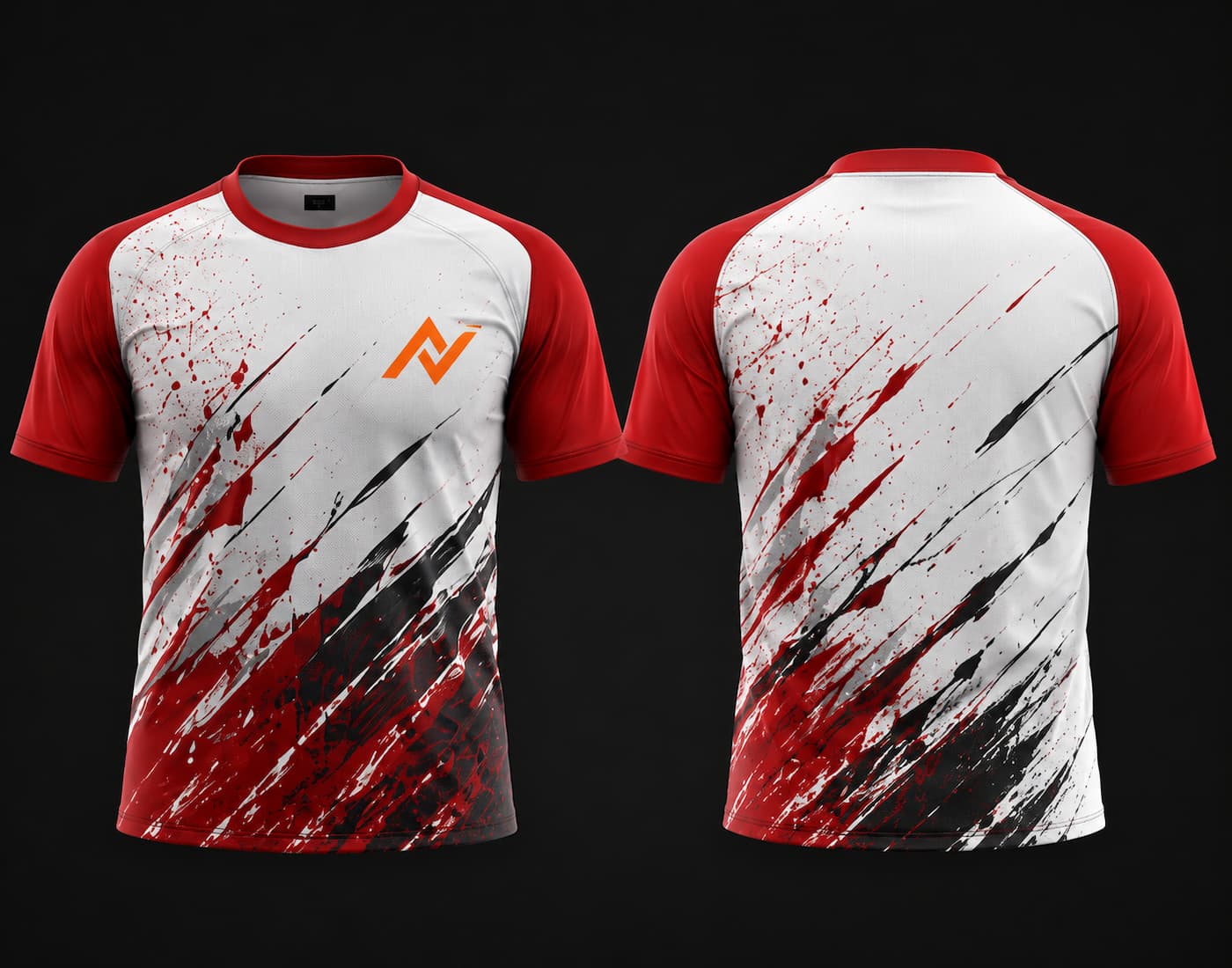Front and back view of a red and white paint splash round neck cricket jersey with black accents and orange chest logo.