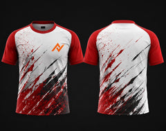 Front and back view of a red and white paint splash round neck cricket jersey with black accents and orange chest logo.