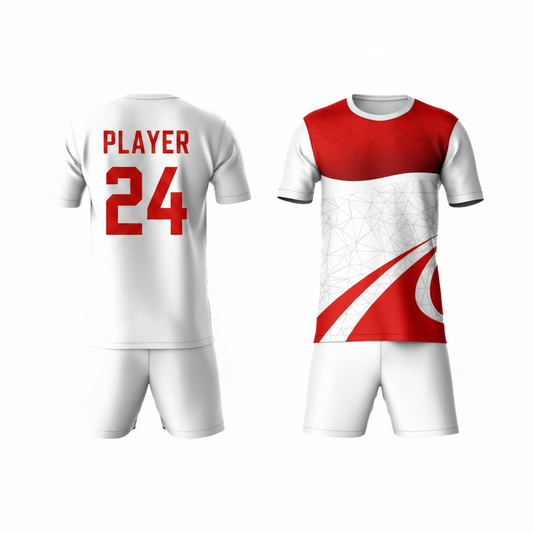 Red white activewear t-shirt with white shorts back view