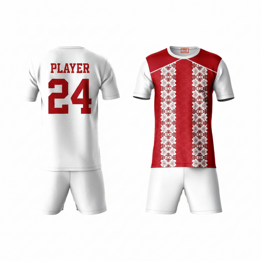 Red white activewear t-shirt with white shorts back view