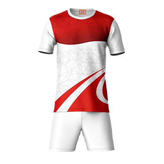 Red white sports t-shirt with white shorts co-ord set front view