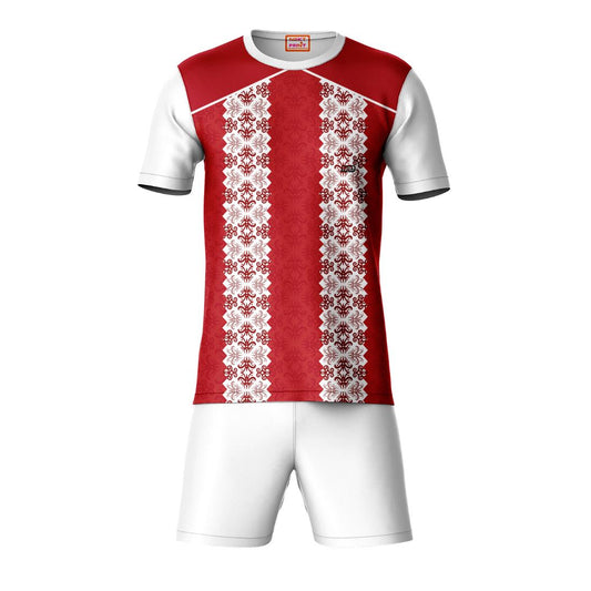 Red white sports t-shirt with white shorts co-ord set front view