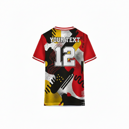 Red yellow black and white custom sports jersey back view with abstract geometric pattern design for cricket football volleyball and esports team uniforms by NextPrint