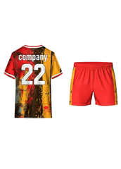 Red and yellow abstract print sports jersey with matching shorts for cricket, football, volleyball and custom team uniforms in India
