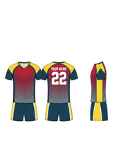 Red yellow and blue gradient sports jersey with matching shorts front back and side view custom football cricket team uniform design