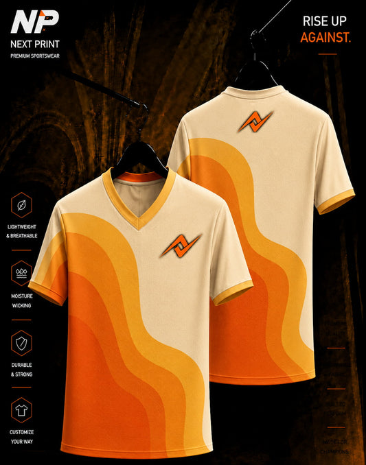 Retro orange and yellow wave sublimation V-neck sports jersey front and back by Next Print